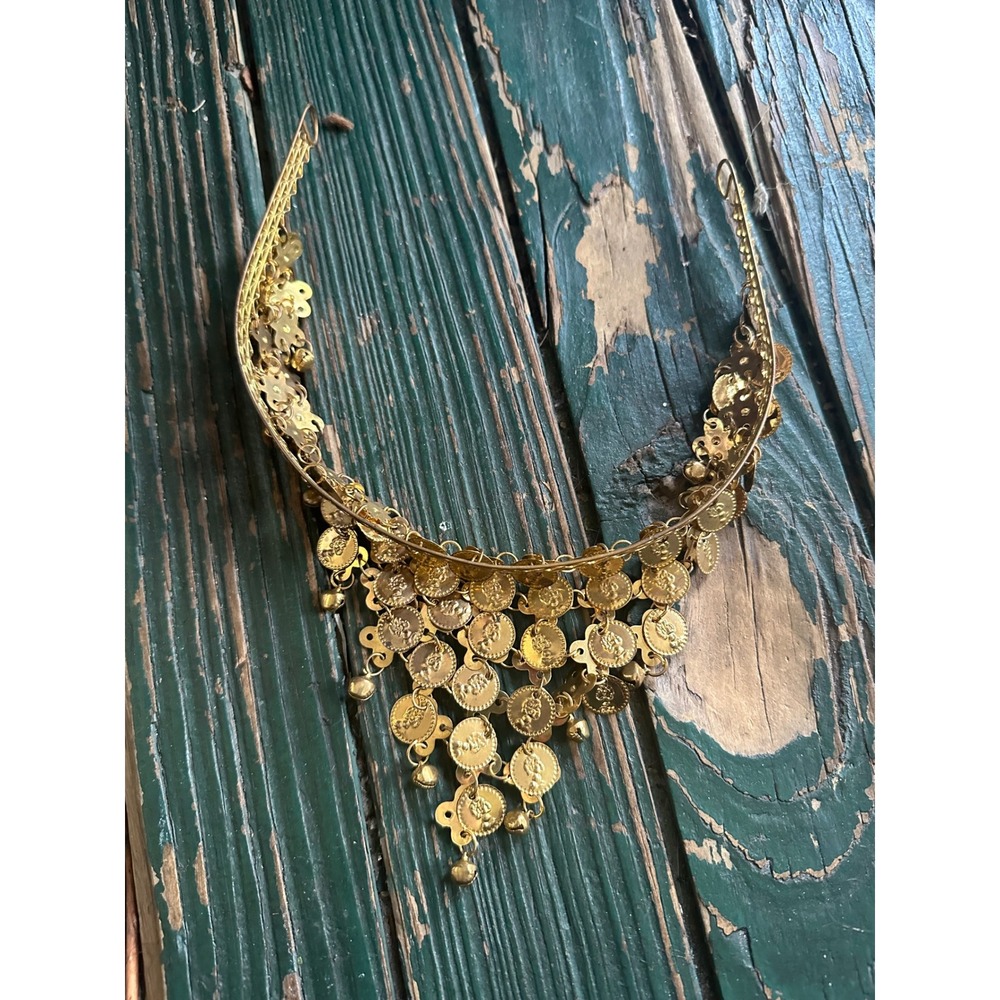 Gold Tone Coin Fringe Tiara Crown Bohemian Belly Dance Headpiece A4309